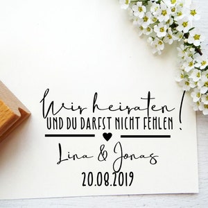 Wedding stamp "we're getting married and you can't be missing" personalized with desired names and desired date for the wedding invitation