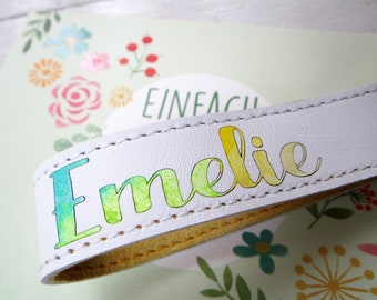 Leather keychain with name, name, watercolor style, watercolor gradient