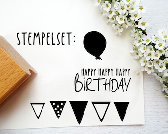 Stempel für nachhaltiges Geschenkpapier, Geburtstagsgeschenk, Geburtstagsstempel, Happy Birthday, Luftballon, Girlande, Stempelset