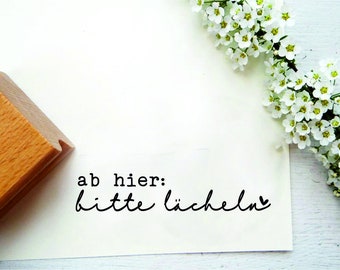 Stempel "ab hier bitte lächeln" für kleine Mitbringsel, Geschenketiketten, Kartengestaltung