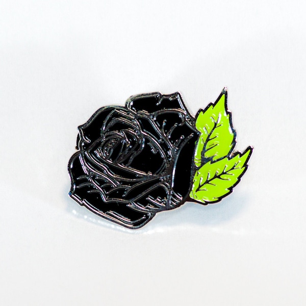 Black and red glitter rose lapel pin - goth botanical / nature witch