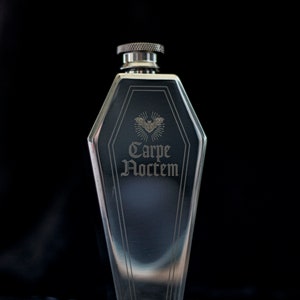 Coffin Hip Flask - Carpe Noctem and Holy Water etched design - Halloween barware kitchenware / wedding gift / summer