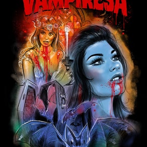 K&ouml;nnte beinhalten: Eine digitale Illustration einer Vampirfrau mit einer Blumenkrone, einer Fledermaus und einem Sarg. Das Bild ist in einem dunklen, gotischen Stil mit roten und gelben Farbstichen.