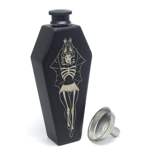 Vintage pinup style bat girl coffin flask - Black or Red available / barware goth gothic gift