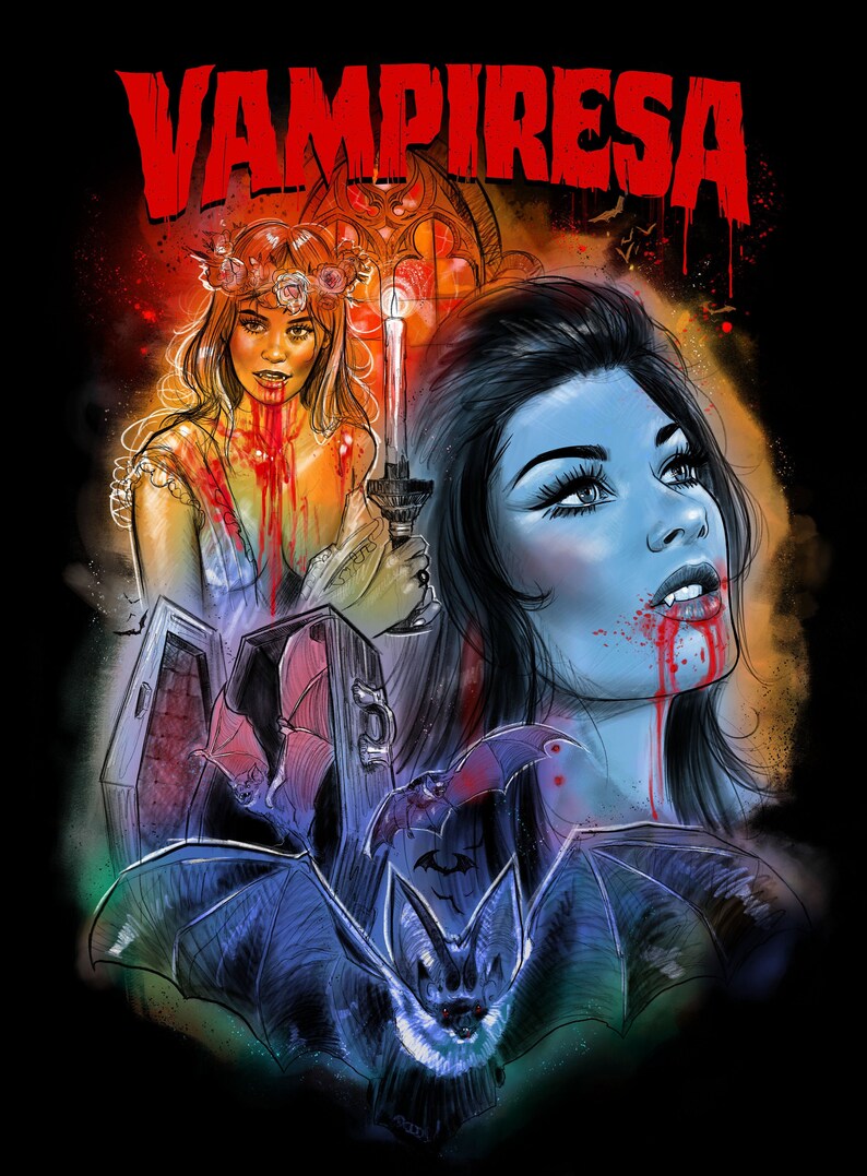 K&ouml;nnte beinhalten: Eine digitale Illustration einer Vampirfrau mit einer Blumenkrone, einer Fledermaus und einem Sarg. Das Bild ist in einem dunklen, gotischen Stil mit roten und gelben Farbstichen.