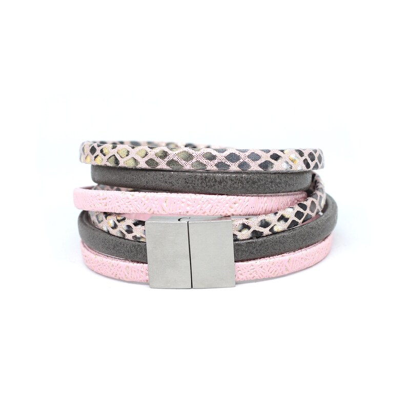 Pink and gray bracelet femme with magnetic clasp, double wrap bracelet for woman, vegan cuff bracelet, jewelry gift for sister image 3