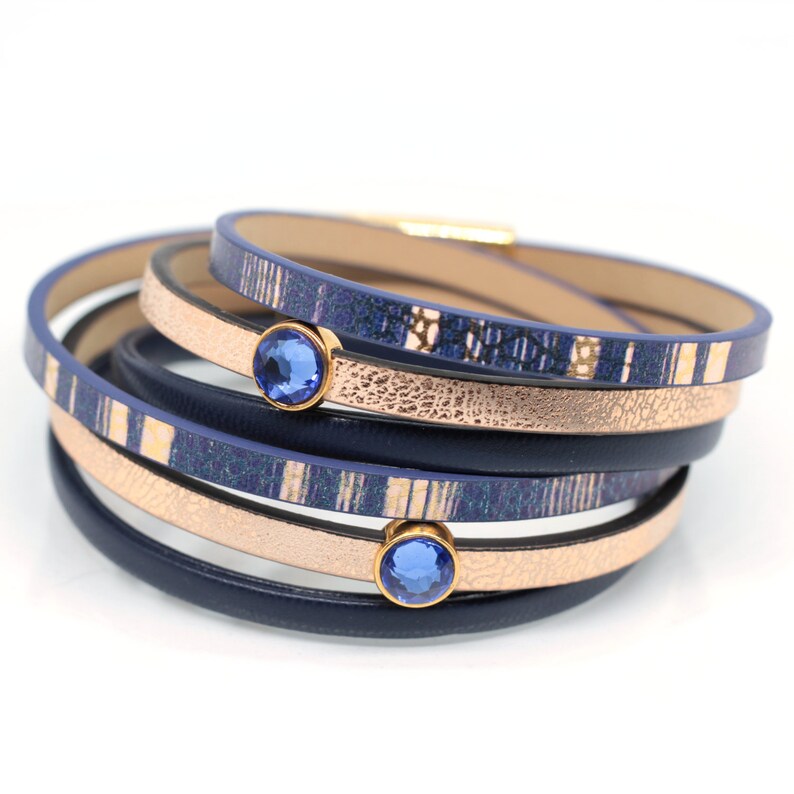 Faux leather bracelet with Swarovski crystal for elegant women, dark blue and rose gold, romantic gift for girlfriend, statement jewelry image 8