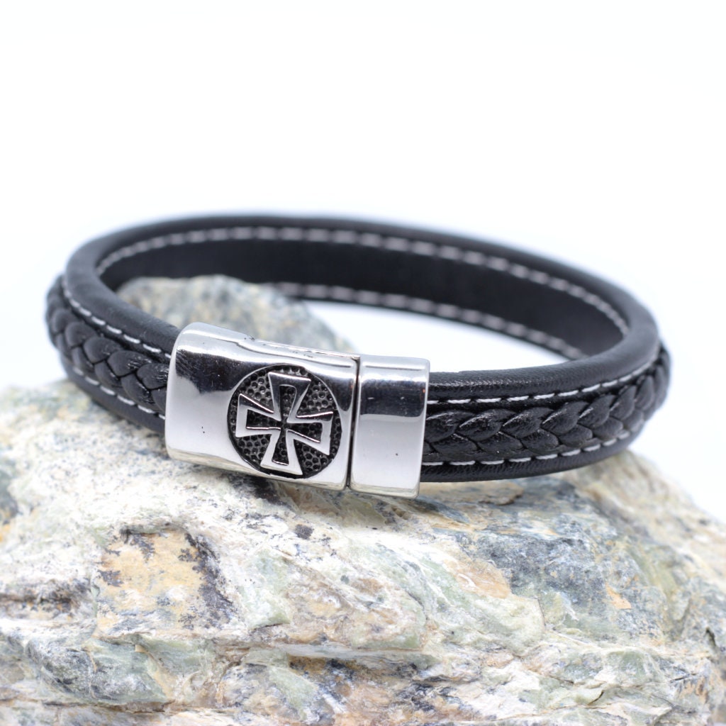 Men cuff bracelet with celtic cross black leather bracelet Etsy