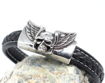 Schwarzes Lederarmband, Schädel Armband für Mann, Engelsflügel Armband, Männer Armband Leder, Liebe Geschenk für Freund
