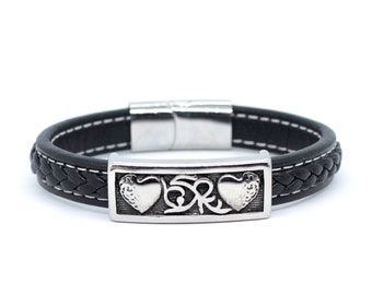 Mens leather bracelet with hearts charm, black leather bracelet stainless steel, large wrist bracelet with magnetic clasp, gift for husband