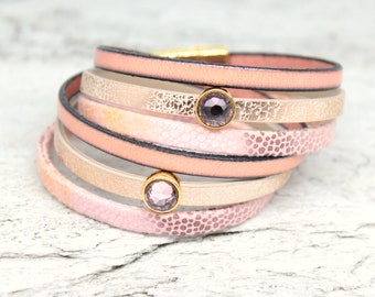 Swarovski leather bracelet with magnetic clasp, boho wrap bracelet, women boho jewelry, pastel bracelet, elegant gift for wife