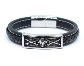 Schwarzes Armband für Männer mit Piratenanhänger, echtes Leder und Stahlarmband für Jungs, Manschette für Männer, Schmuck mit Piraten, Geschenk für Ihn