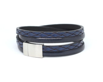 Dunkelblaues Armband für Männer, Wickelarmband aus Leder mit Magnetverschluss aus Stahl, Manschettenarmband aus Kunstleder für Frauen, Unisex Schmuck