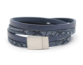 Navy blue wrap bracelet for mens, wraparound bracelet leather and steel for women, unisex jewelry, casual accessory,