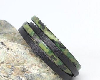 Camouflage wrap leather bracelet for men with steel magnetic clasp, military bracelet leather cuff for women, unisex jewelry