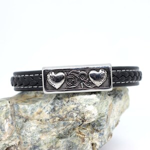 Mens leather bracelet with hearts charm, black leather bracelet stainless steel, large wrist bracelet with magnetic clasp, gift for husband zdjęcie 8
