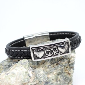 Mens leather bracelet with hearts charm, black leather bracelet stainless steel, large wrist bracelet with magnetic clasp, gift for husband zdjęcie 6