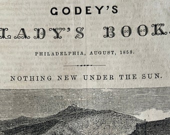 August 1858 Ausgabe von Godey's Lady's Book Magazine, Antiquität, 1850er Jahre, viktorianisch, Kleidergeschichte, Nähen, Bibliothek, Mode, Frauen, Referenz