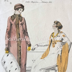 Grabado antiguo coloreado a mano de una placa de moda, 1813, siglo XIX, historia del vestuario, vestuario histórico, lámina de inspiración, época georgiana