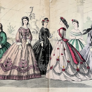 CHOICE of Large Format Antique 19th Century Hand Colored Fashion Plate Engravings, Victorian, Costume, 1860s, Dresses, Women, Illustration