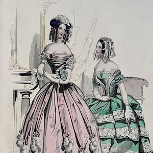 Grabado de moda francesa antigua coloreada a mano, década de 1840, mujeres, siglo XIX, historia de la vestimenta, vestuario, inspiración, impresión artística, cofias