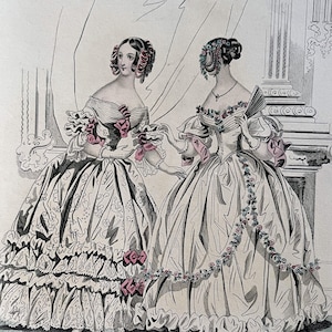 Grabado de moda francesa antigua coloreada a mano, década de 1830, mujeres, siglo XIX, historia de la vestimenta, vestuario, inspiración, lámina artística, damas