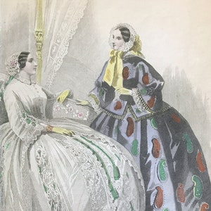 Antique Mid 1850s Hand Colored Fashion Plate Engraving, Women, Victorian, Print, Art, Antique, Historical, Style, Decor, Reference, Dress