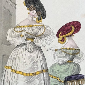 Grabado antiguo de moda coloreado a mano, 1831, lámina artística, mujeres, histórico, vestido, decoración, inspiración, historia del vestuario, década de 1830