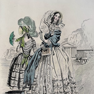 Grabado de moda francesa antigua coloreada a mano, década de 1840, mujeres, siglo XIX, historia de la vestimenta, vestuario, inspiración, impresión artística, cofias