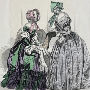 Original 19th Century Hand Colored Fashion Plate Engraving, 1841, Women, Dress History, Costume, Inspiration, Art Print, Millinery, Bonnets