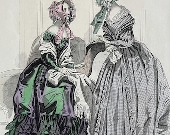 Grabado de moda de 1841: Impresión artística coloreada a mano sobre la historia de la sombrerería y la vestimenta