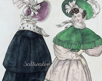 Lámina de moda antigua: Grabado artístico coloreado a mano de 1835