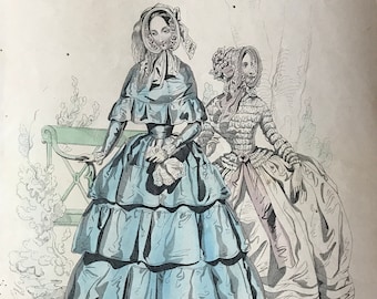 French Fashion Plate Engraving: 1850s Victorian Women's Style