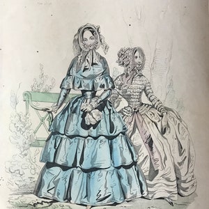 Grabado de moda francesa coloreada a mano, década de 1850. Mujeres, victoriano. Impresión. Arte. Antigüedad. Histórico. Estilo. Decoración. Referencia. Vestido.