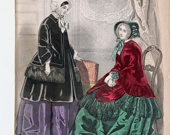 May include: Two women wearing fashionable dresses and bonnets from the 1800s. The woman on the left is wearing a black velvet dress with a purple skirt and a white bonnet. The woman on the right is wearing a red velvet dress with a green skirt and a green bonnet. The image is from Godey's Lady's Book, a popular fashion magazine in the 19th century.
