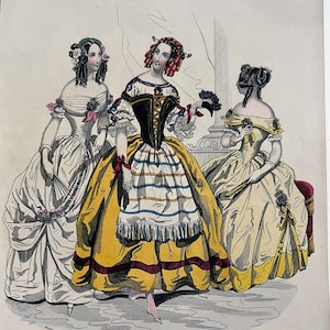 Grabado de moda francesa antigua coloreada a mano, circa 1840, siglo XIX, época victoriana, mujeres, damas, vestidos, inspiraciones