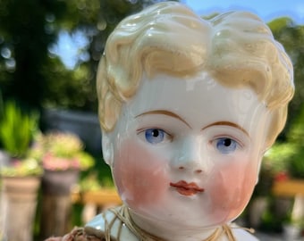 Antique Blonde Blue Eyed Boy China Doll (AS IS), Center Pair Hair, 19th Century, Blue Eyes, Collector, Old, Cloth Body, 1800s, Children