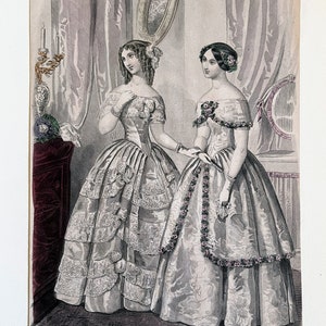 Antique Mid-1800s Hand Colored Fashion Plate Engraving (Graham&#39;s), Victorian, Historical Costuming, Dresses, Women, 19th Century, History