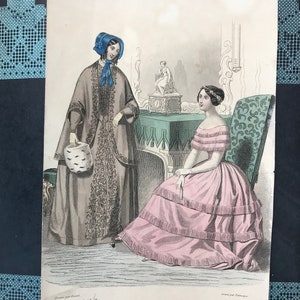 Grabado de placa de moda coloreado a mano francés antiguo, década de 1840, victoriano, historia, Europa, Francia, vestido, damas, vestido histórico, mujeres, arte