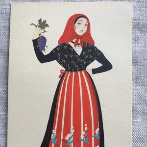 Cartão postal francês antigo/vintage pintado à mão, trajes populares, "Provinces Françaises, Roussillon", histórico, vestido, moda, França, mulheres