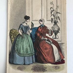 Early-Mid Victorian Hand Colored Fashion Plate Engraving, Antique, Historical, 1800s, 19th Century, Clothing, Gown, Dress, Parrot, Women