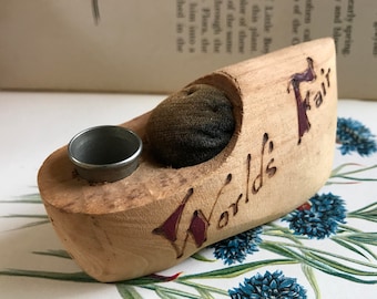 World's Fair Chicago 1934 Wooden Shoe Pincushion And Thimble Holder, Collectible Sewing Notions, American, 1930s, Needlework, Carved