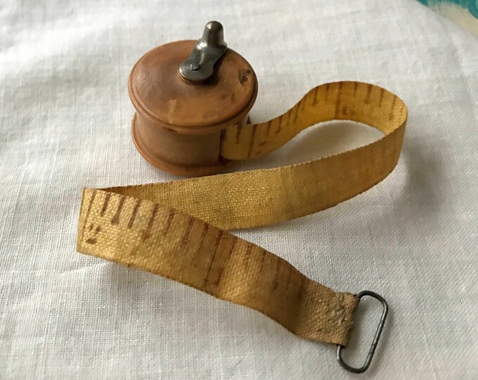 Antique Tape Measure, Wooden Fishing Reel Design, Wood and Metal