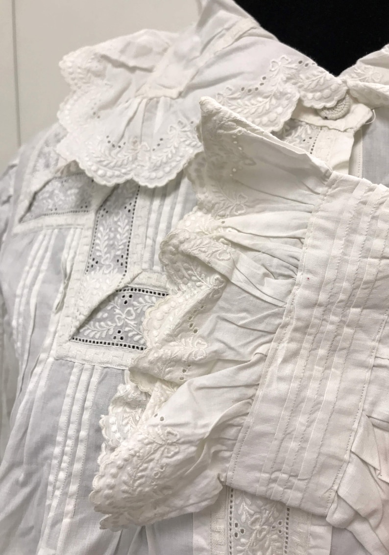 Downton Abbey Historical Top Large Size Clothing Edwardian Women with Whitework Hand Embroidery Fine Antique Cotton Shirt Jacket