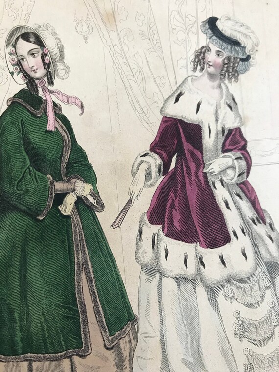 Early Victorian Era Fashion, 1843 Hand Colored Fashion Plate / Engraving, Women, Historical, Dress, Antique, Ephemera, Winter, Paletot