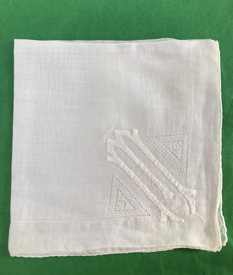 Antique or Vintage Cotton Handkerchief with M Monogram Groom Personalized Bride Gift Whites Linens Embroidery Wedding Hankie