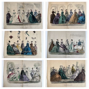 CHOICE of Large Format Antique 19th Century Hand Colored Fashion Plate Engravings, Victorian, Costume, 1860s, Dresses, Women, Illustration