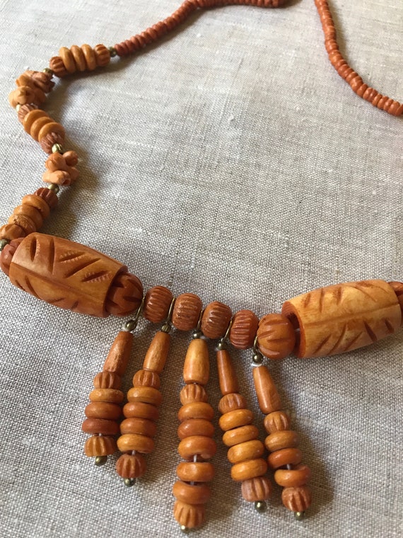 Unusual Vintage Handmade Necklace, Carved Beads, … - image 3