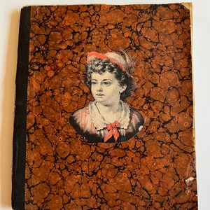 Prachtig antiek plakboek, Victoriaans tijdperk, 19e eeuw, Schoolnotitieboekje, Kinderen, Gravures, Trade Cards, Papier, Efemere, Amerikaans