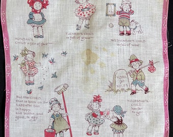 Antique Children's Handkerchief, Vintage, Grace Drayton, Illustration, Poem, Nursery Rhyme, Hankie, Linens, Children, Kids, Cute, Cotton